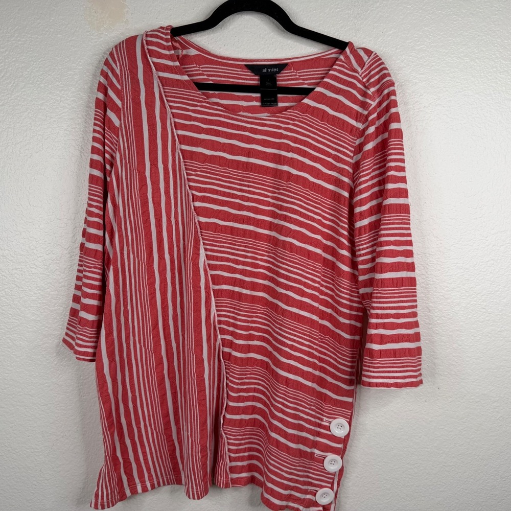 Ali Miles Womens Top Coral Sz L Lagenlook Artsy Boho Coastal Striped 3/4 Sleeves